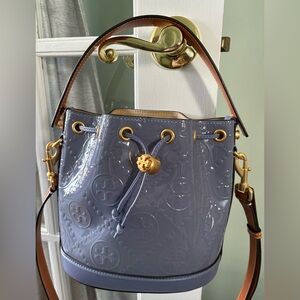 Tory Burch T Monogram Patent Leather Bucket Bag